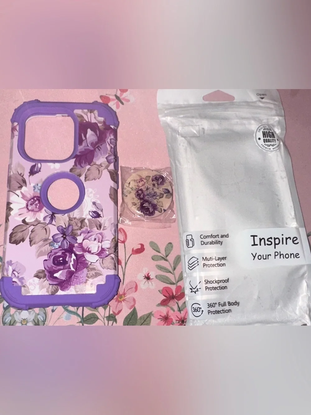 Purple Floral Protective Case with Matching Floral PopSocket- I Phone 15 Pro